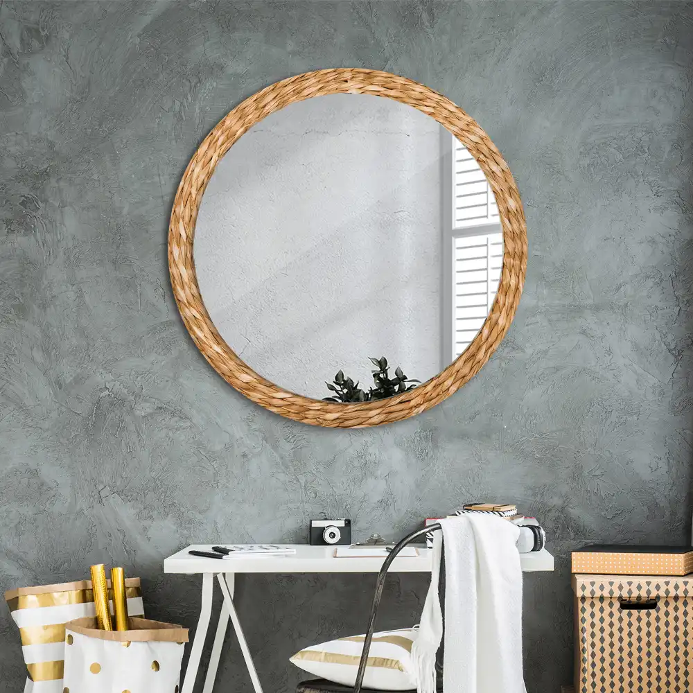 Oglindă rotundă decorativă cu ramă din răchită