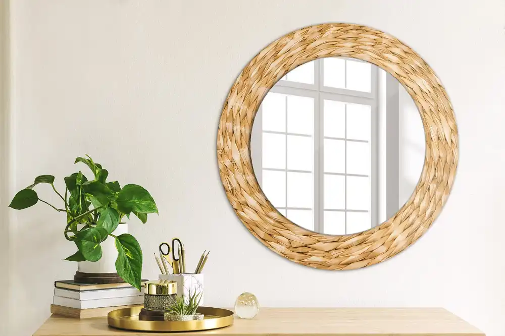 Oglindă rotundă decorativă cu ramă din răchită