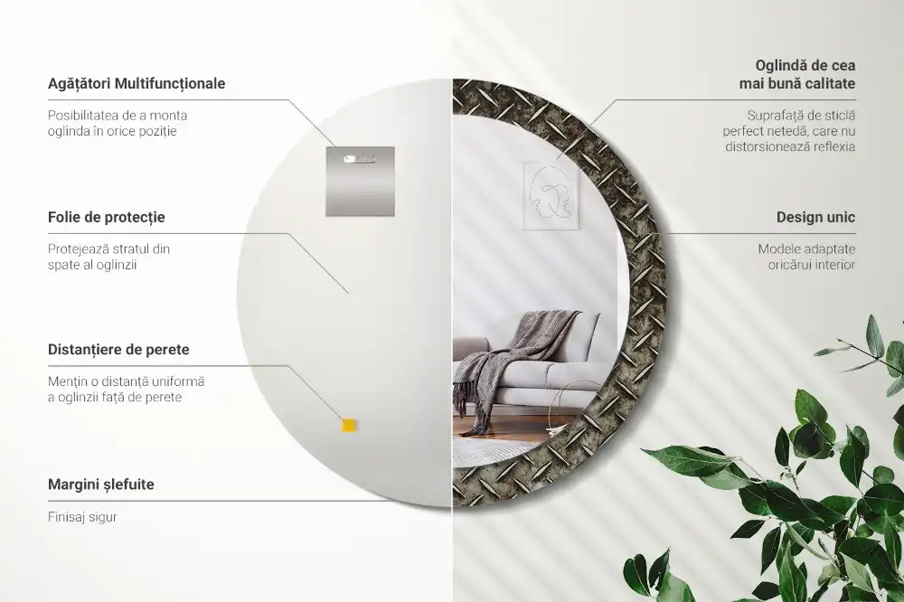 Oglindă rotundă cu imprimeu textură de oțel