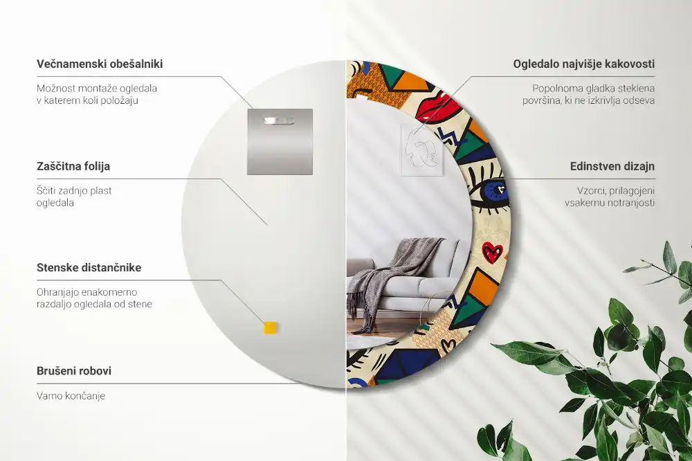 Oglindă rotundă decorativă pentru perete stil pop art