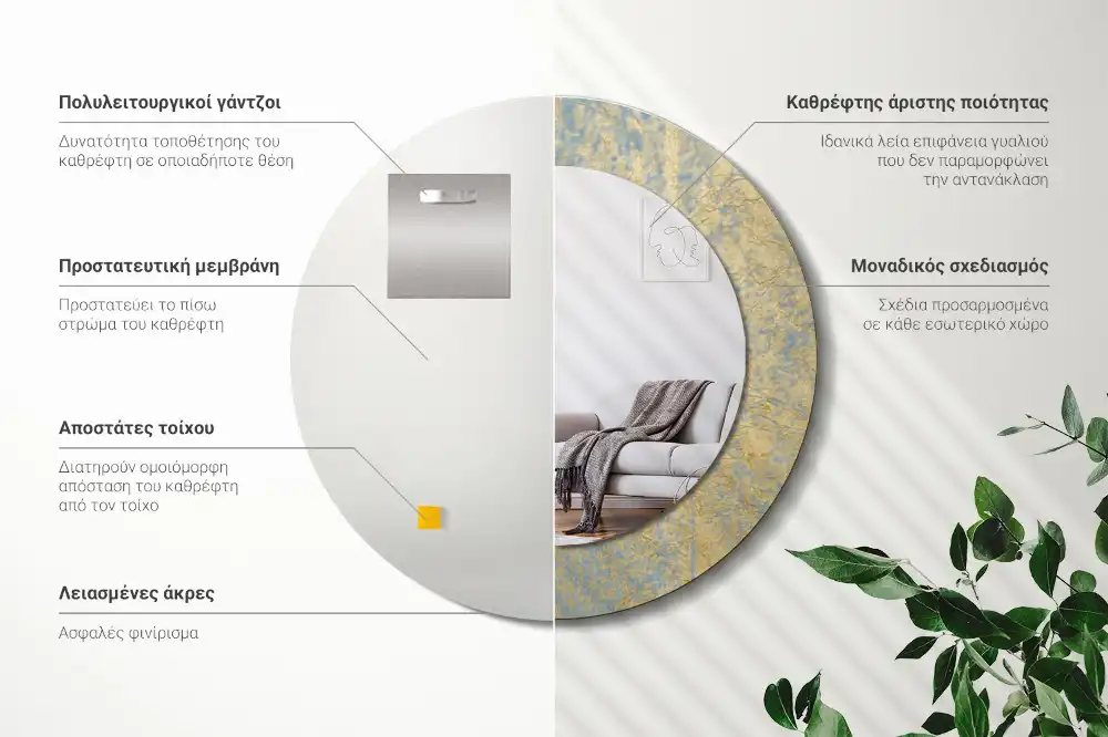 Oglindă rotundă cu imprimeu model mansardă