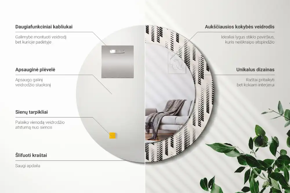 Oglindă rotundă decorativă de perete cu model cu dungi