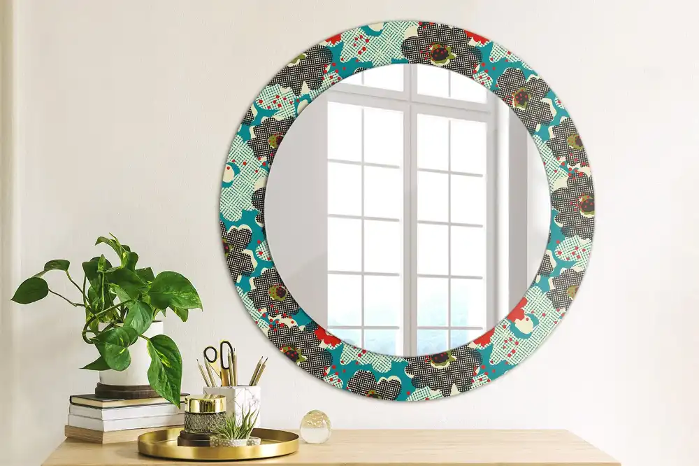 Oglindă rotundă decorativă cu model retro floral