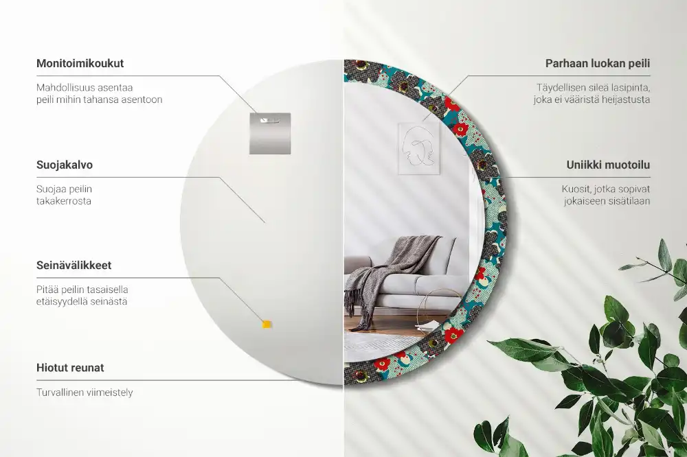 Oglindă rotundă decorativă cu model retro floral