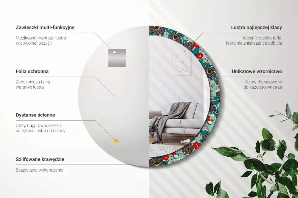 Oglindă rotundă decorativă cu model retro floral