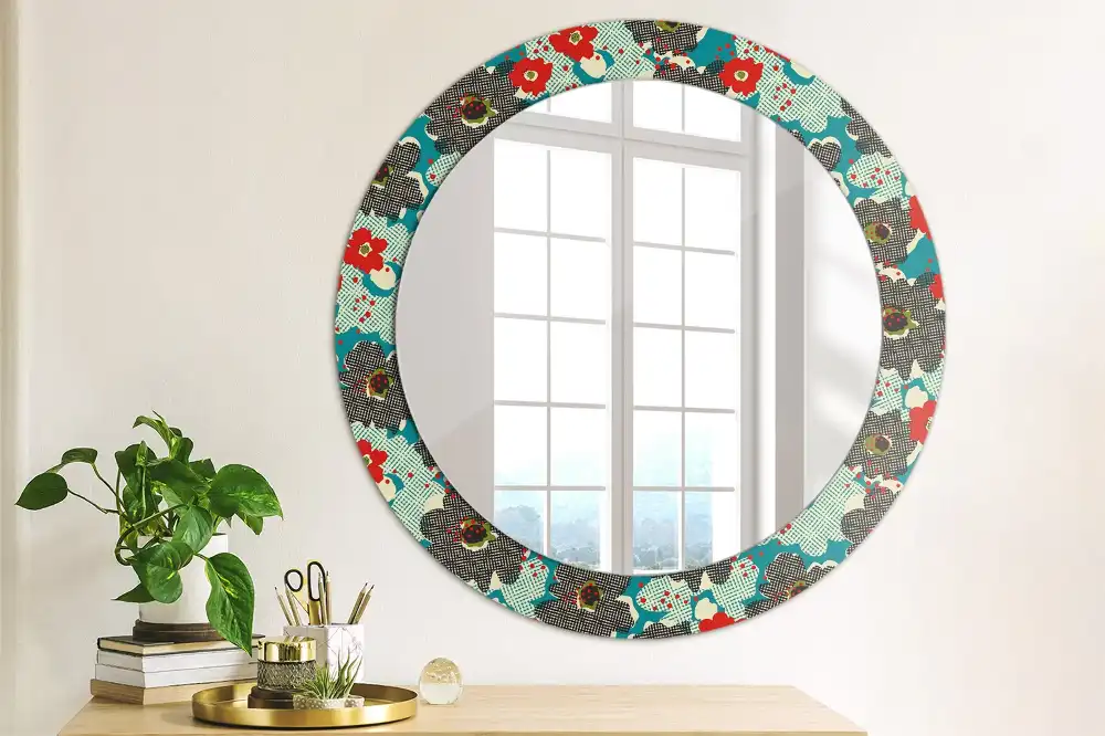 Oglindă rotundă decorativă cu model retro floral