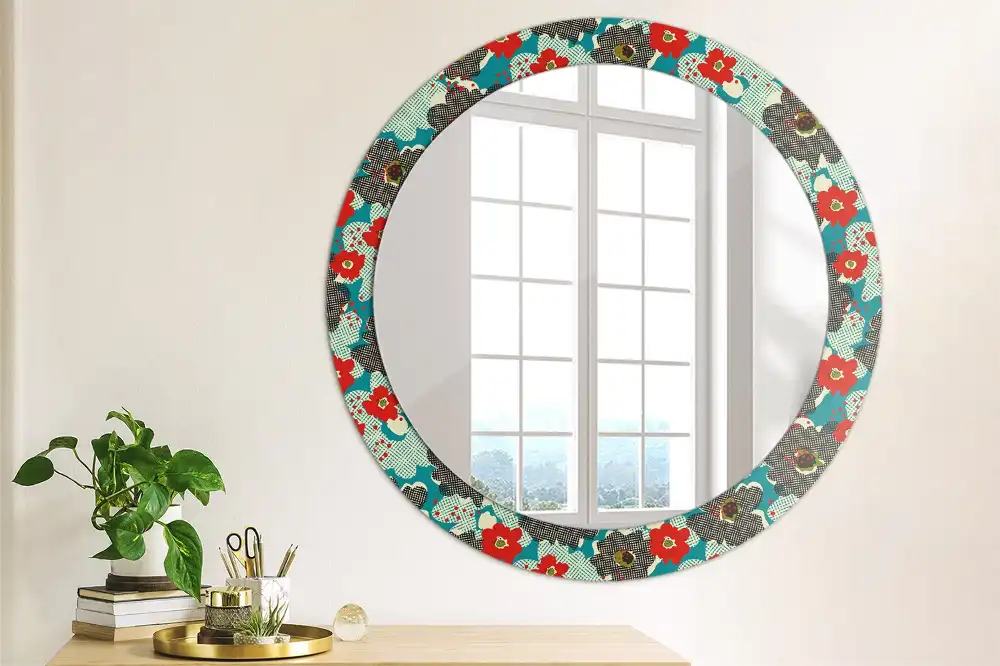Oglindă rotundă decorativă cu model retro floral