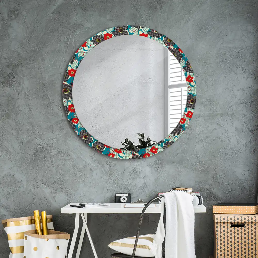 Oglindă rotundă decorativă cu model retro floral