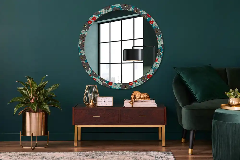 Oglindă rotundă decorativă cu model retro floral