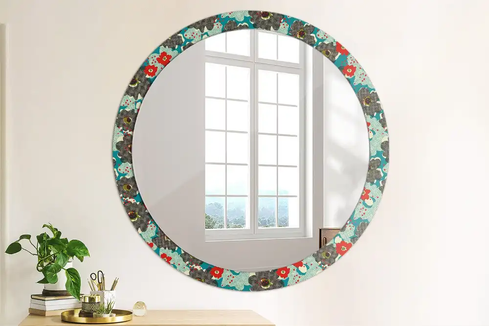 Oglindă rotundă decorativă cu model retro floral