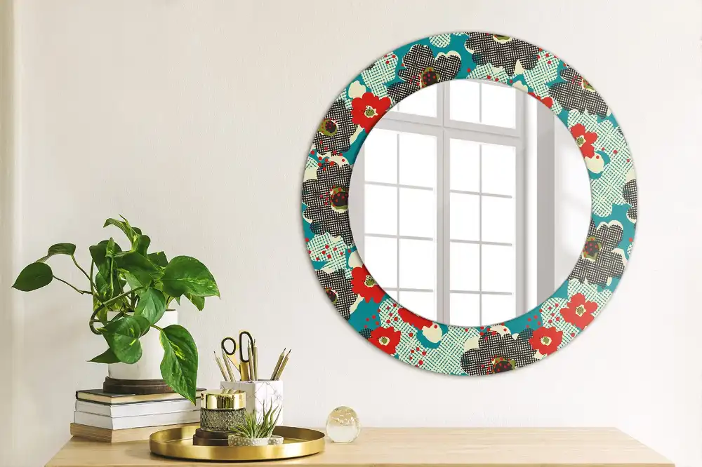 Oglindă rotundă decorativă cu model retro floral