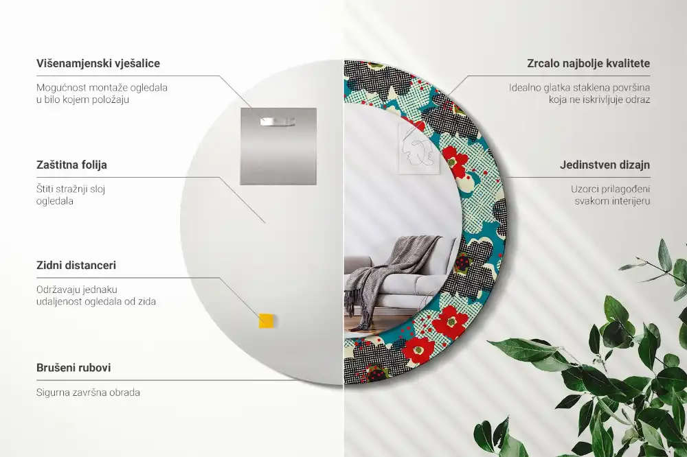 Oglindă rotundă decorativă cu model retro floral