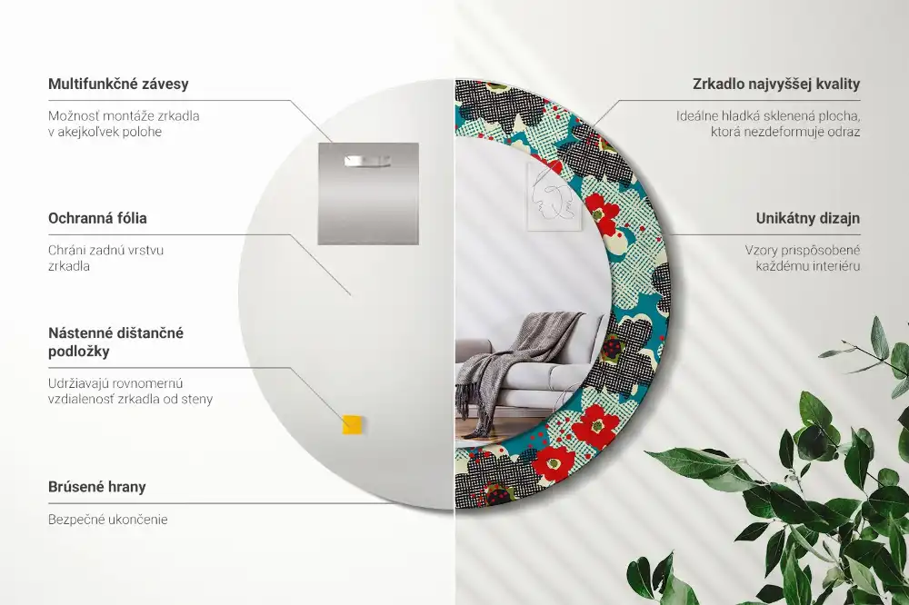 Oglindă rotundă decorativă cu model retro floral