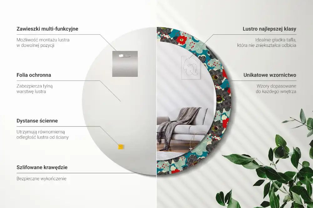 Oglindă rotundă decorativă cu model retro floral