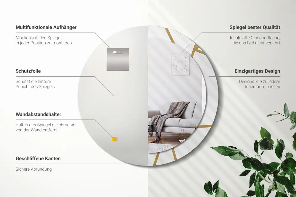 Oglindă rotundă decorativă de perete cu compoziție liniară