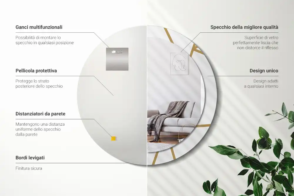 Oglindă rotundă decorativă de perete cu compoziție liniară