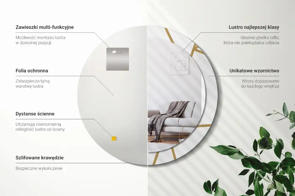 Oglindă rotundă decorativă de perete cu compoziție liniară