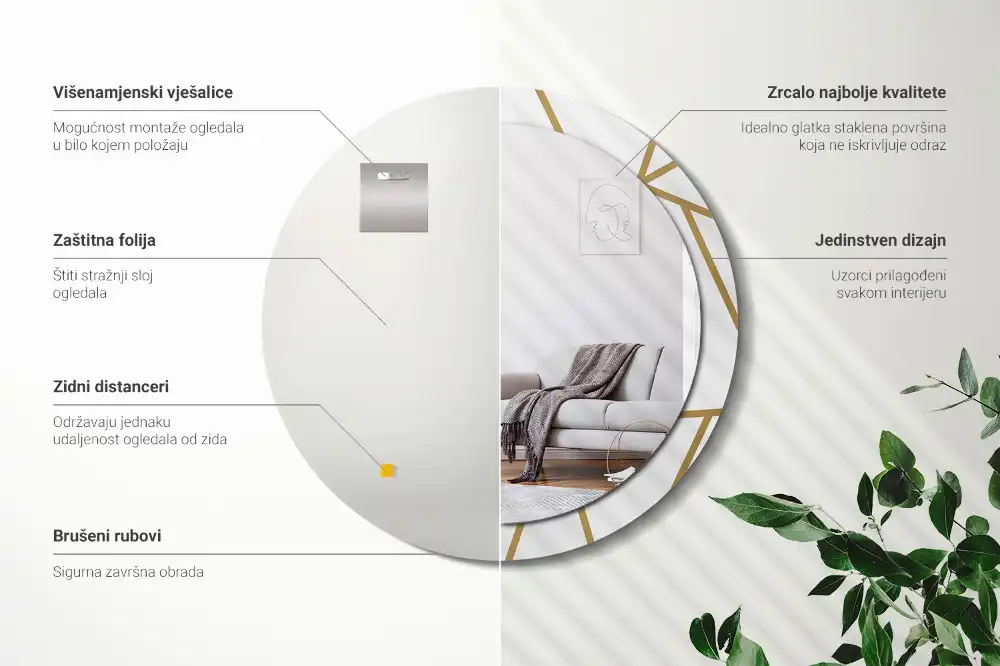 Oglindă rotundă decorativă de perete cu compoziție liniară