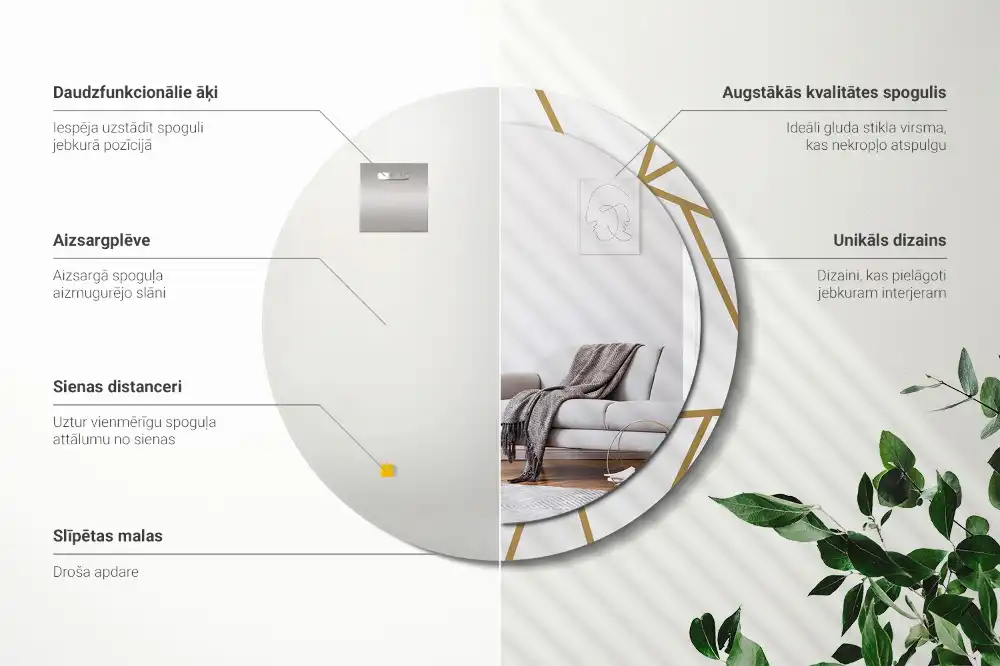 Oglindă rotundă decorativă de perete cu compoziție liniară