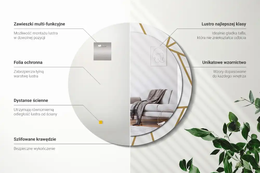 Oglindă rotundă decorativă de perete cu compoziție liniară