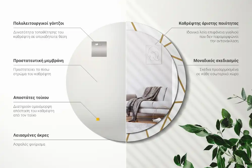 Oglindă rotundă decorativă de perete cu compoziție liniară