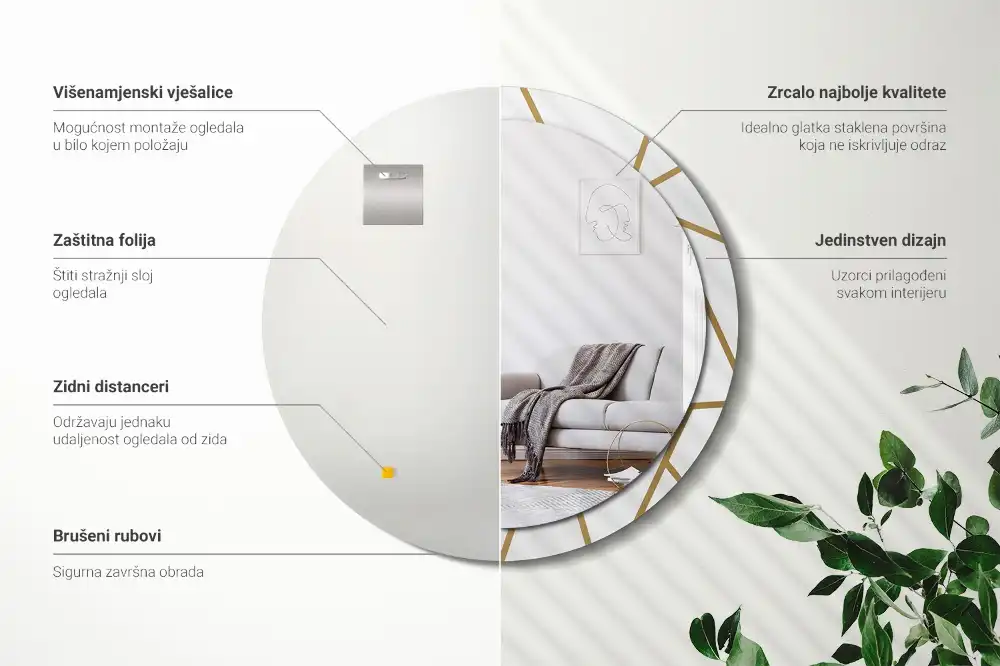 Oglindă rotundă decorativă de perete cu compoziție liniară