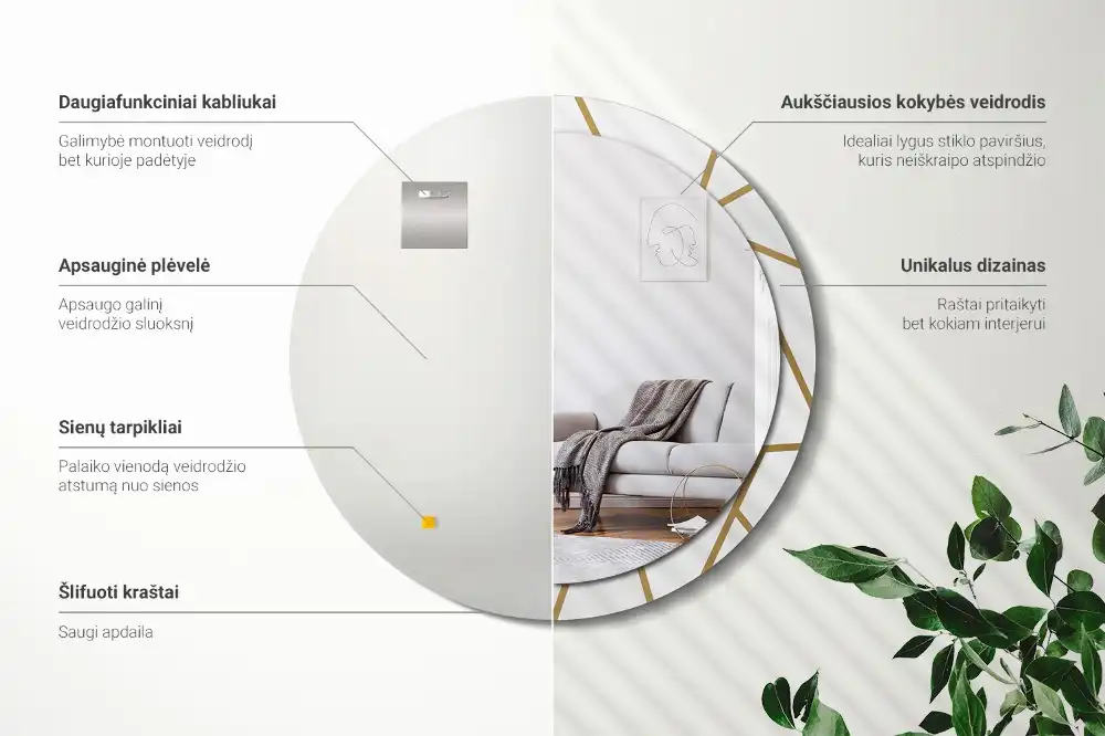 Oglindă rotundă decorativă de perete cu compoziție liniară
