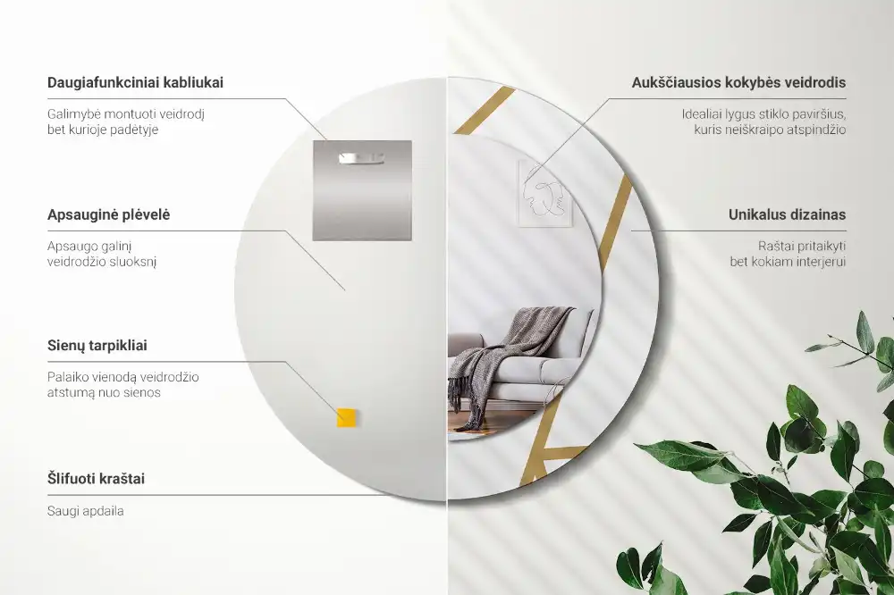 Oglindă rotundă decorativă de perete cu compoziție liniară