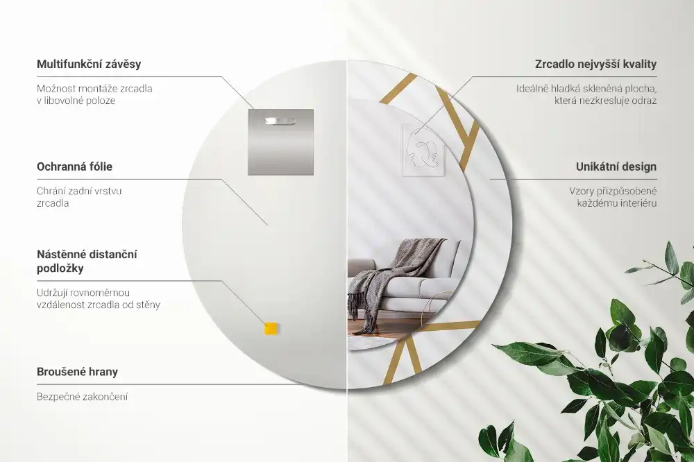 Oglindă rotundă decorativă de perete cu compoziție liniară