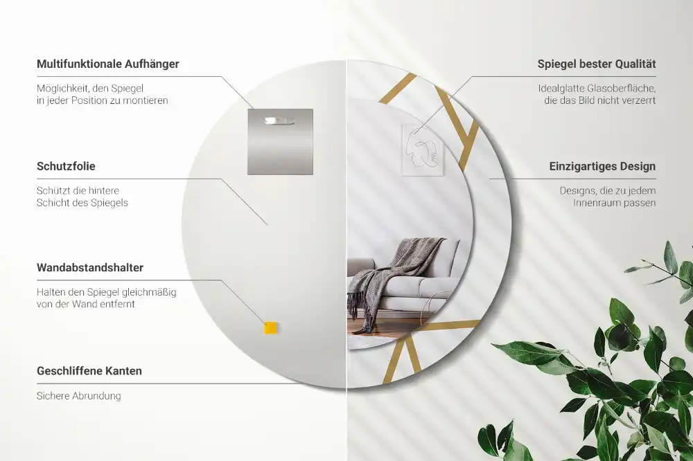 Oglindă rotundă decorativă de perete cu compoziție liniară