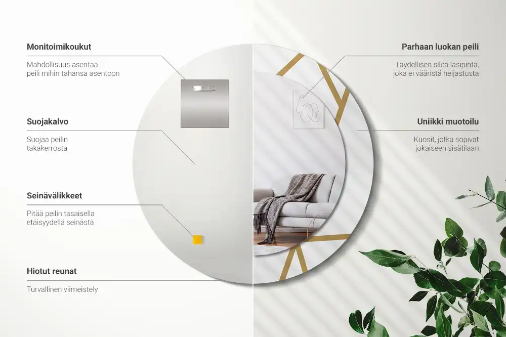 Oglindă rotundă decorativă de perete cu compoziție liniară