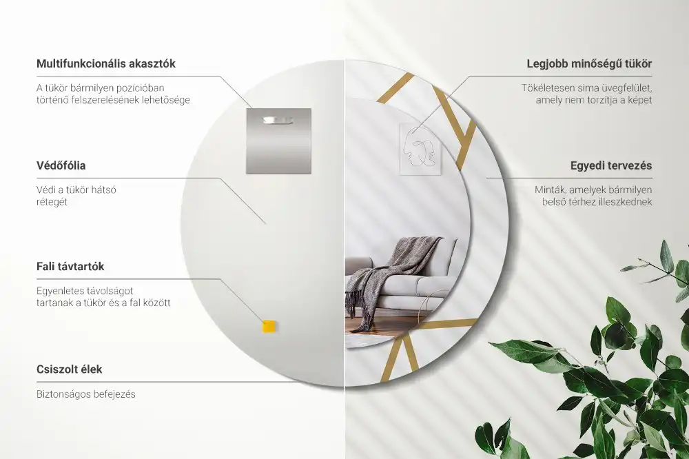 Oglindă rotundă decorativă de perete cu compoziție liniară