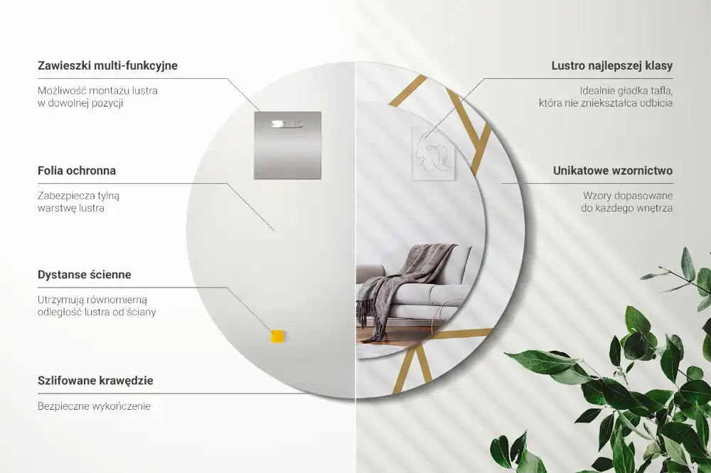 Oglindă rotundă decorativă de perete cu compoziție liniară