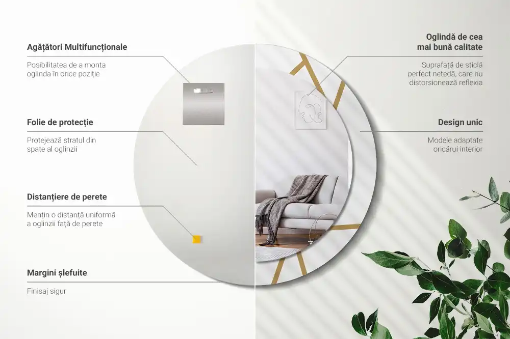 Oglindă rotundă decorativă de perete cu compoziție liniară