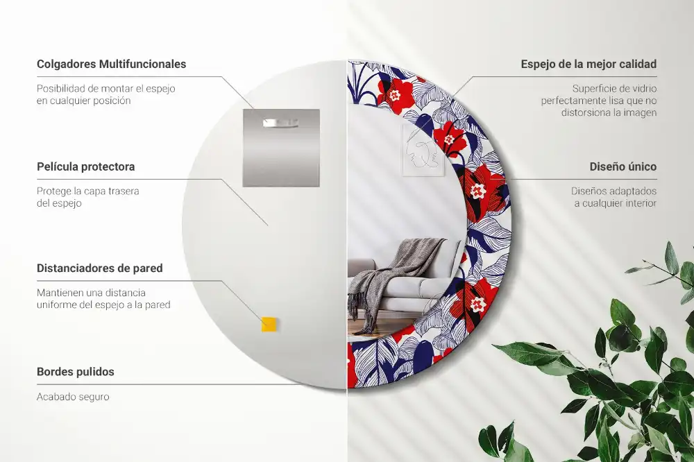 Oglindă rotundă cu ramă imprimată cu frunze de filodendron
