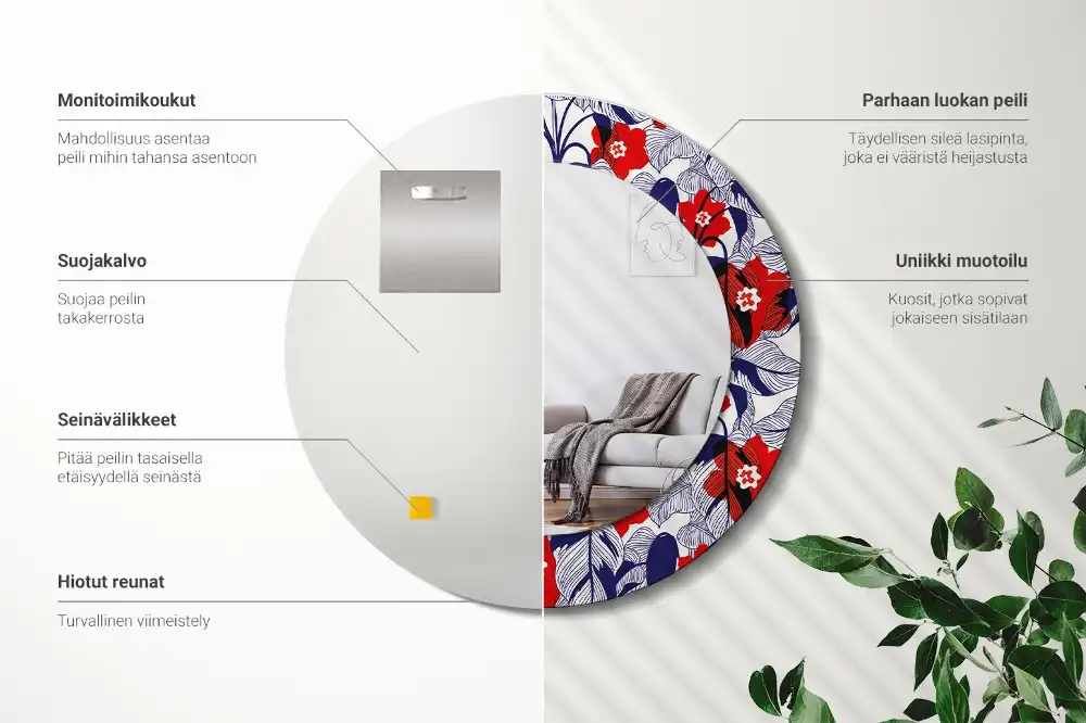 Oglindă rotundă cu ramă imprimată cu frunze de filodendron