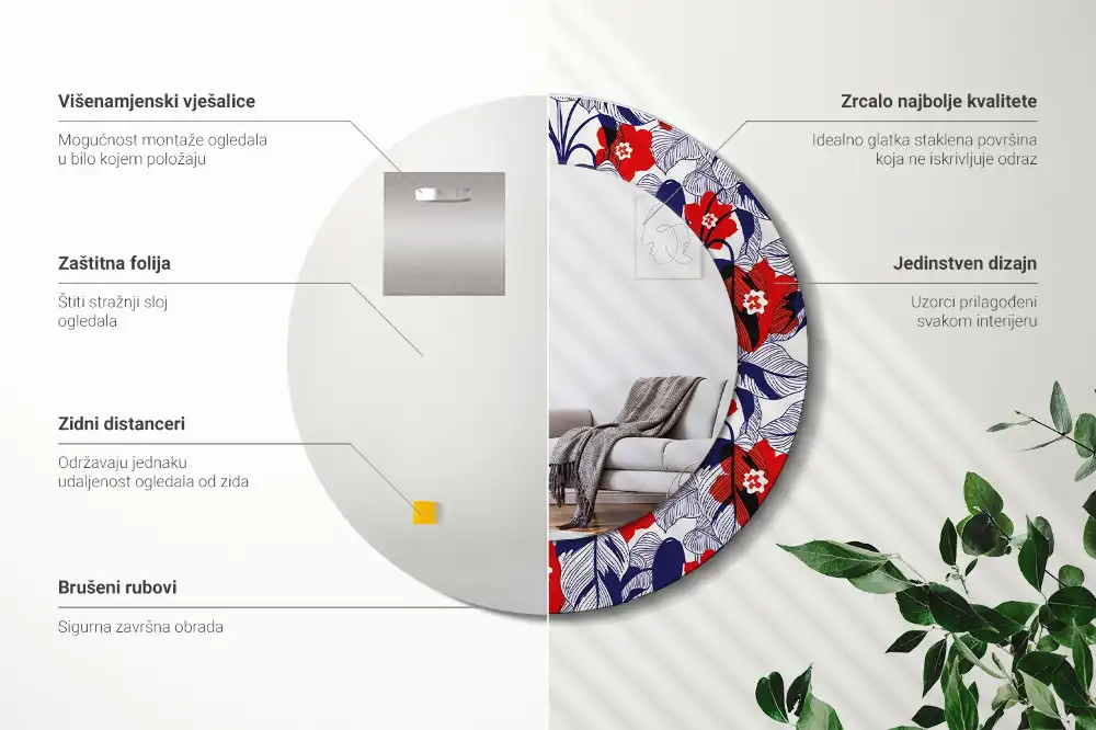 Oglindă rotundă cu ramă imprimată cu frunze de filodendron