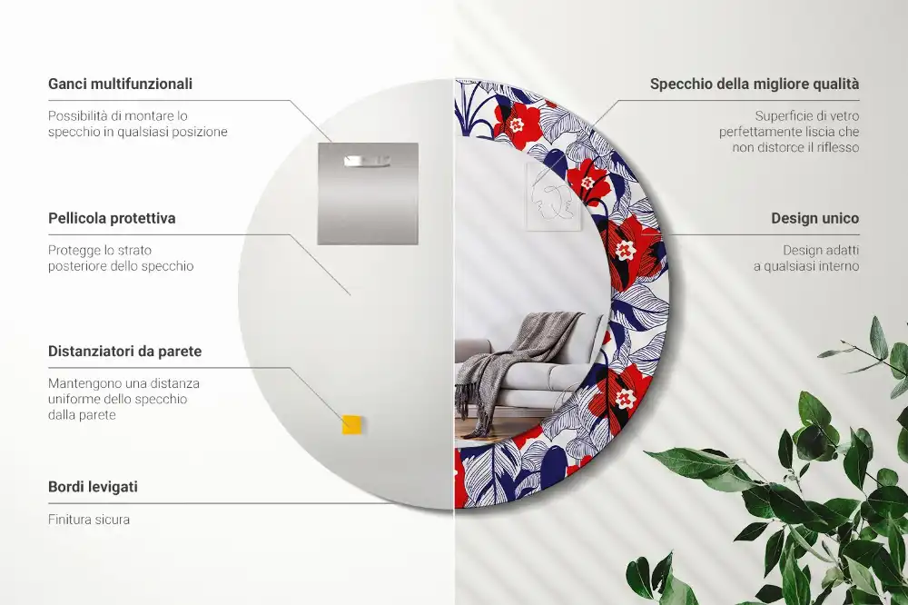 Oglindă rotundă cu ramă imprimată cu frunze de filodendron