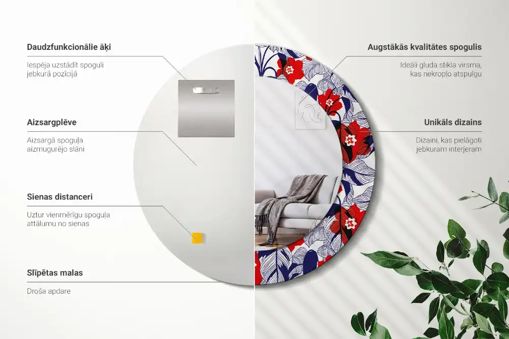 Oglindă rotundă cu ramă imprimată cu frunze de filodendron