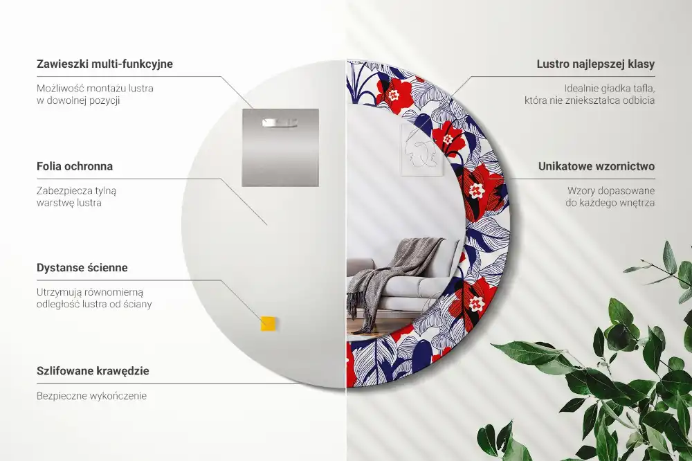 Oglindă rotundă cu ramă imprimată cu frunze de filodendron