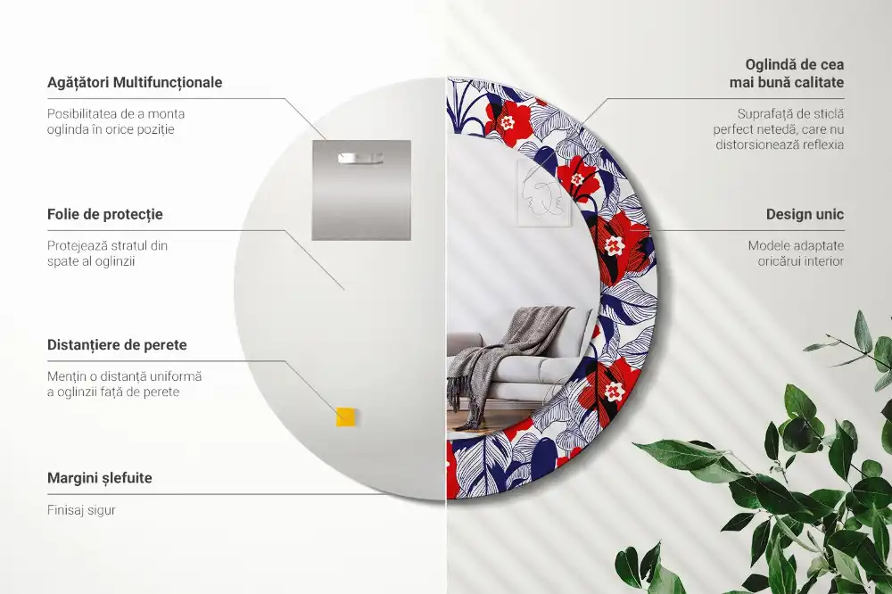 Oglindă rotundă cu ramă imprimată cu frunze de filodendron