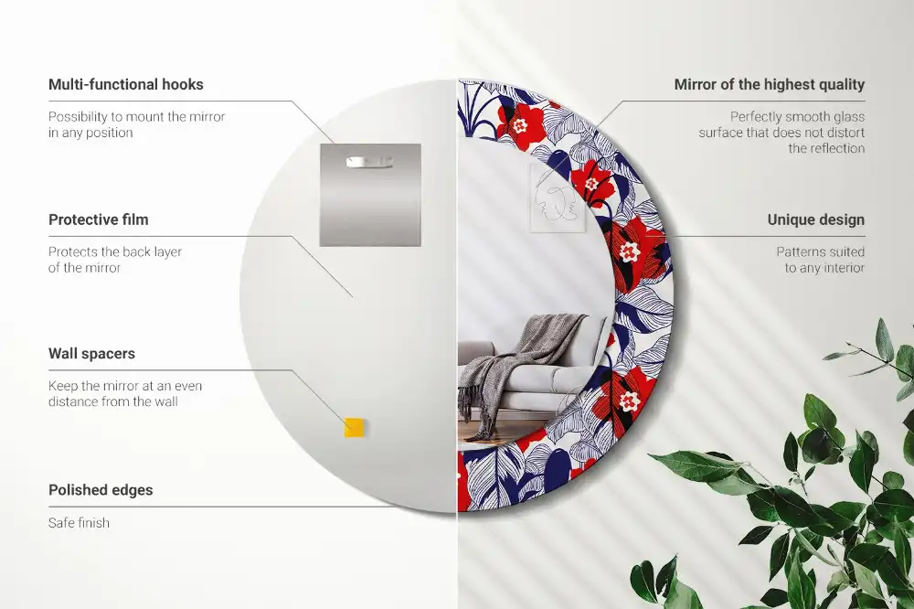 Oglindă rotundă cu ramă imprimată cu frunze de filodendron