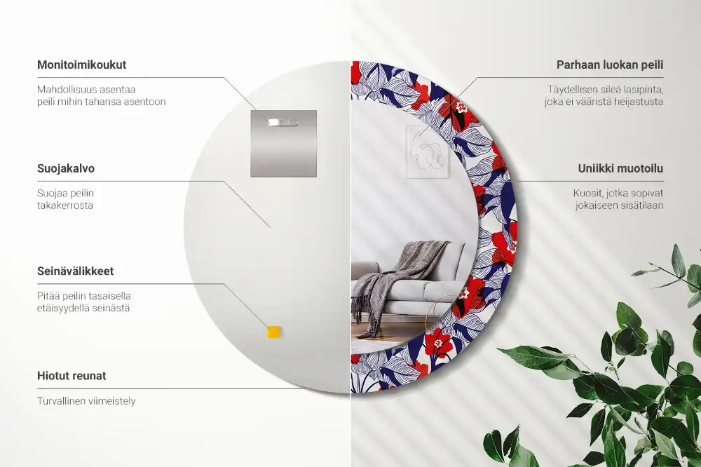 Oglindă rotundă cu ramă imprimată cu frunze de filodendron