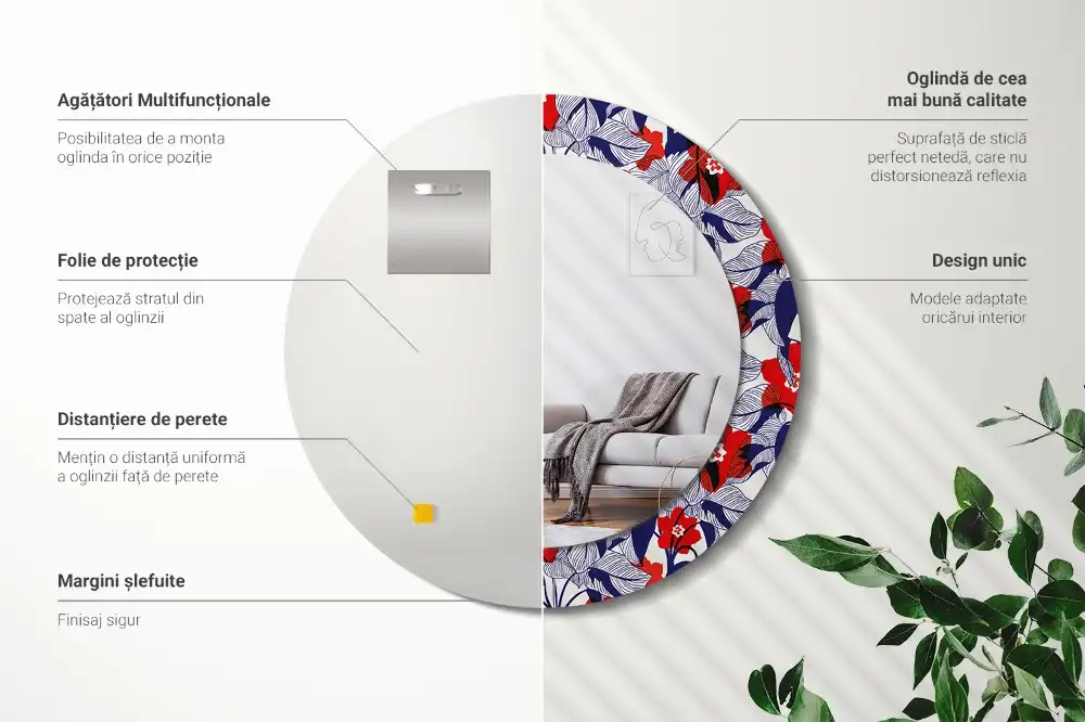 Oglindă rotundă cu ramă imprimată cu frunze de filodendron