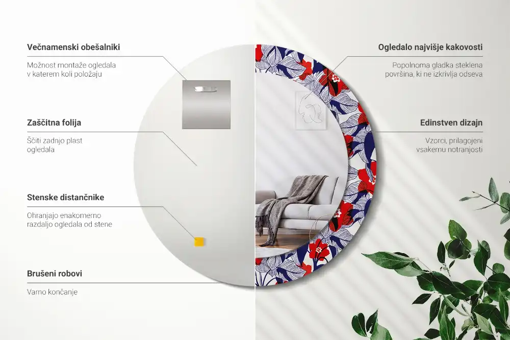 Oglindă rotundă cu ramă imprimată cu frunze de filodendron