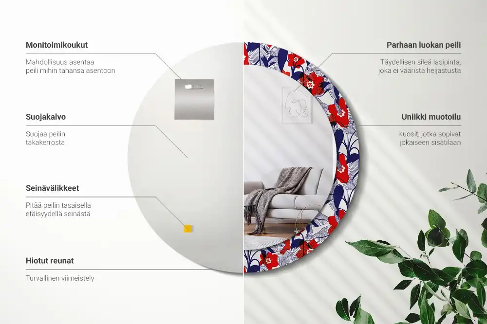 Oglindă rotundă cu ramă imprimată cu frunze de filodendron