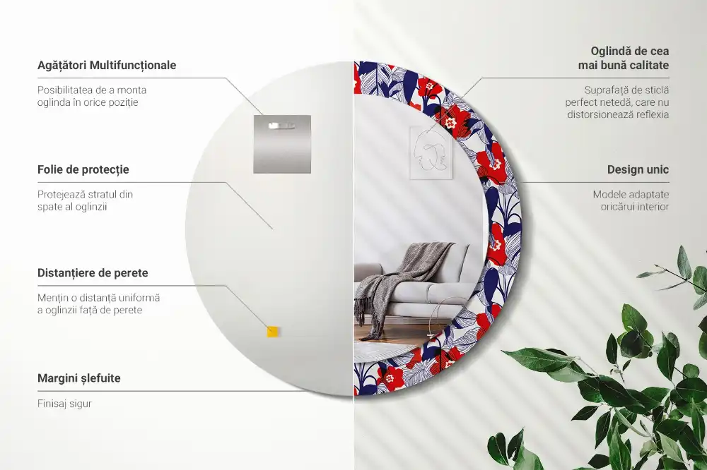 Oglindă rotundă cu ramă imprimată cu frunze de filodendron