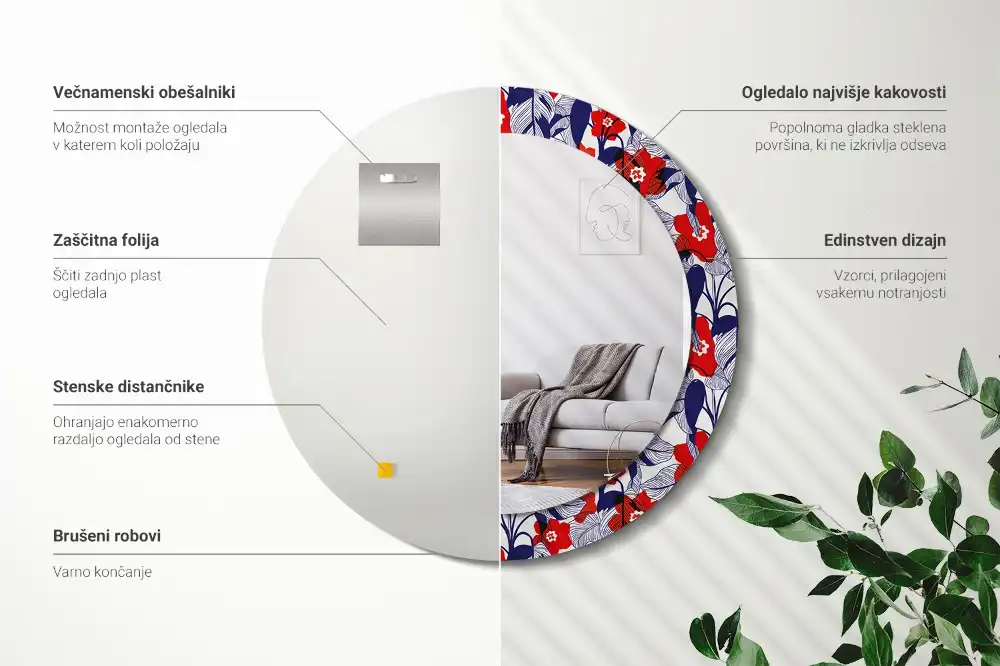 Oglindă rotundă cu ramă imprimată cu frunze de filodendron