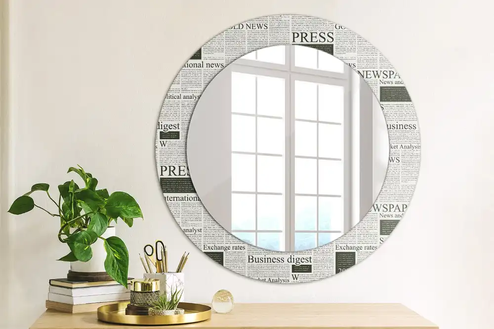 Oglindă rotundă decorativă de perete cu model ziar