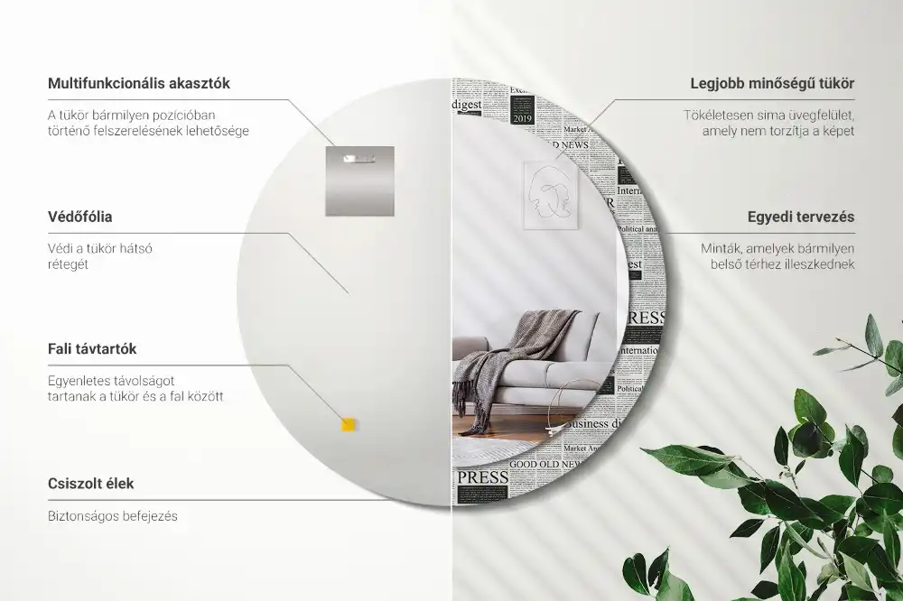 Oglindă rotundă decorativă de perete cu model ziar